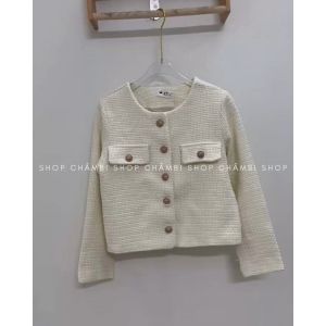 Áo khoác dạ nữ A.534 Áo dạ tweed trơn dài tay cổ tròn túi nắp 2 màu sang chảnh - Shop Chấm Bi