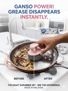Ganso Stainless Steel Scrubber Set - Removes Grease Instantly - Before and After Comparison - Made in Malaysia