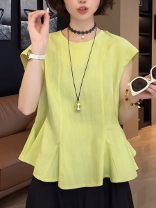 Loose Short Sleeve Womens Shirt Yellow Casual Fashion Korean Style Summer New Style Flying Sleeve Top Commute Style round Neck