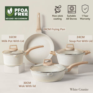 Carote Same Style Medical Stone 4PCS Non Stick Frying Pan Kitchen ware Cookware Set kaldero pot White Granite Original Export to Japan on Sale Non PFOA Suitable for Induction Cooker & Gas Stove【Ice Cream Collection】