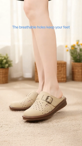 Womens Flat Mules Lightweight Leather Wrapped Toe Slip-ons Shoes Roman