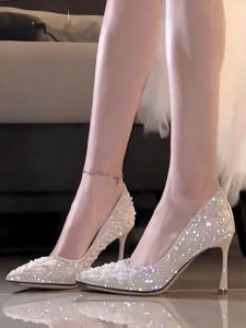 รองเท้าส้นสูงคริสตัลมุกฝรั่งเศส ผู้หญิง ส้นบาง หลากหลาย รองเท้าลมนางฟ้าไม่เหนื่อยเท้าเจ้าสาวรองเท้าแต่งงานรองเท้าเดียว