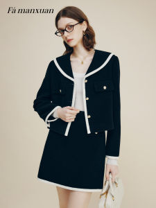 FAMANXUAN | Navy Collar Black Short Wool Outfit