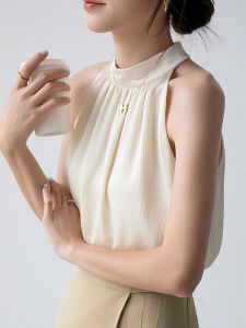 Elegant French Style Collared Chiffon Top for Women Loose Fit Hanging-neck Design Perfect for Summer Outfits