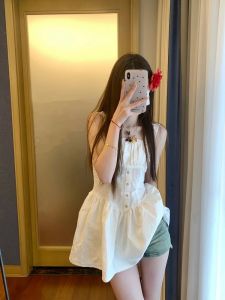 French Initial White Slim Fit Strap Dress Womens Waist Cinching Holiday A-Line Short Skirt Summer High Waist Button Detail