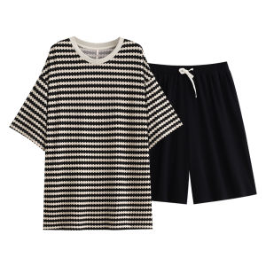 yuenei | Mens Summer Sleepwear Pure Cotton Casual Short Sleeve Hoodie Home Clothes Thin Summer Round Neck Set Stripe Leisure