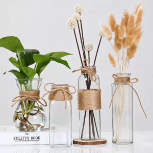 Combo 4 Bình Lọ Hoa Thủy Tinh Decor Vintage (Tròn Lục Giác Loe Vuông) Kèm Dây Bố Trang Trí Ðẹp