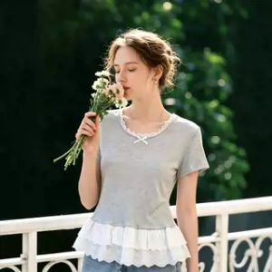 puella | Summer New Arrival French Style Lace Stitched Slim T-shirt