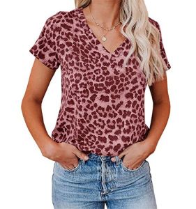 เสื้อยืดแขนสั้นคอวีพิมพ์ลายเสือดาวสําหรับผู้หญิงแฟชั่นสไตล์ถนนผ้าคอมโพสิตสวมใส่ฤดูร้อน