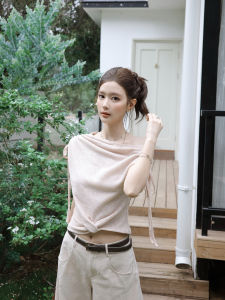THROUS | Áo Thun Dây Kéo Chéo Cổ V Tay Rơi Len Slimming