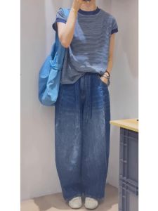 Trendy Blue Striped round Neck Short Sleeve Womens T-shirt Summer Discount Fashion Casual Polyester Fiber Top