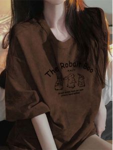 เสื้อยืดแขนสั้นผ้าฝ้ายแท้สไตล์ย้อนยุคสไตล์อเมริกันสำหรับผู้หญิง ทรงหลวม ปกปิดหน้าท้อง ฤดูร้อน 2025 เสื้อยืดคอกลมลายการ์ตูนสุดเท่