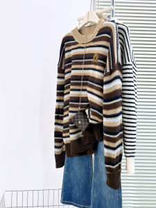 QINGNAER | Vintage Striped Round Neck Casual Sweater