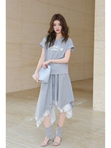 American Sweet and Cool Letter T-Shirt Lace Irregular Skirt Suit