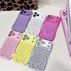 Luxury Glitter Love Heart Leopard Print Phone Case for iPhone 15 16 17 Pro Max 14 13 Lens Protection Small Waist Bumper Cover