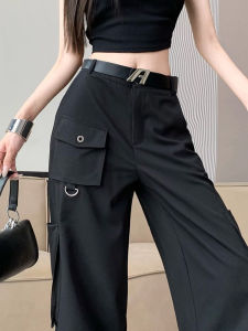กางเกงขายาวทรงหลวมสีดำสไตล์อเมริกันสำหรับผู้หญิงในช่วงฤดูร้อน กางเกงขายาวทรงตรงเอวสูง ดีไซน์บาง ทรงทำงาน ทรงลำลอง