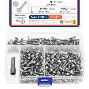 200pcs 4.2mm #8 Sheet Metal Screws 410 Stainless Steel Hex Washer Head Fast Self Tapping Screws with Hex Socket Assortment Kit