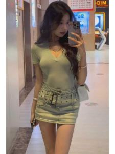 American Retro Millennium Style เซ็กซี่ Girl เดนิม กางเกงขาสั้น กระโปรง ผู้หญิง เอว เข็มขัด ดีไซน์ สลิมฟิต ปกก้น ยืดได้ ครึ่งความยาว กระโปรง