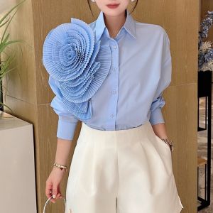 Womens Floral Pleated Polo Collar Shirt Spring Summer Versatile Casual Mid-Length Loose Fit Button Detailing Long Sleeve Top