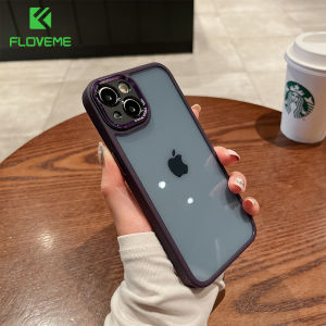 [With Lens Film] FLOVEME Plating Metal Lens Film Clear Phone Case For iphone 14 13 12 Pro Max 14 Plus Matte Frame Transparent PC Hard Back Cover For iphone 14 13 12