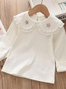 เด็กผู้หญิง สีขาว เสื้อยืดแขนยาว เด็กทารก ตุ๊กตา ปกเสื้อ รัฟเฟิล เสื้อตัดแต่ง ลำลอง ฤดูใบไม้ผลิ ฤดูใบไม้ร่วง สวมใส่สบาย เสื้อชั้นใน