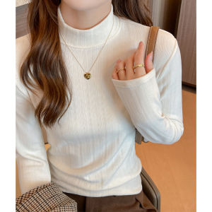 MiiOW | Áo thun dệt kim dài tay ôm vừa vặn cho nữ Áo lót mùa thu đông phong cách Mỹ cổ điển Áo thun tay dài cổ cao màu trơn