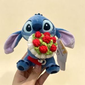Classic Anime Genuine Stitch Micky Mouse Plush Dolls Holding Crochet Flowers Keychains Small Pendant Back Hangings Perfect Gifts
