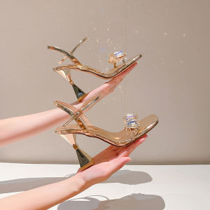 รองเท้าแตะส้นสูงแบบสายรัดหัวเข็มขัดประดับเพชรสำหรับผู้หญิงในช่วงฤดูร้อน รองเท้าแตะส้นสูงแบบแฟชั่นสไตล์นางฟ้า รองเท้าแตะส้นบาง