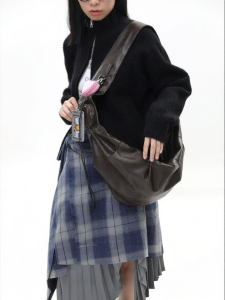 JANDRESS | Wide Strap Pleated Multiple Buckles Soft Leather Shoulder Bag