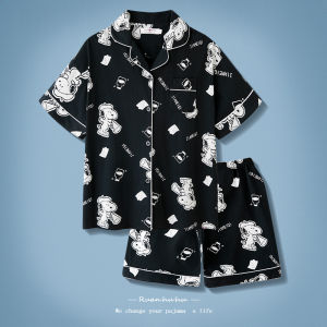 ชุดนอนผ้าฝ้ายแท้แขนสั้นสำหรับคู่รัก ฤดูร้อน 2025 ใหม่บาง ฤดูใบไม้ผลิและฤดูใบไม้ร่วง ชุดนอนชาย ชุดนอนผ้าฝ้ายแท้ 2024 ฤดูร้อน