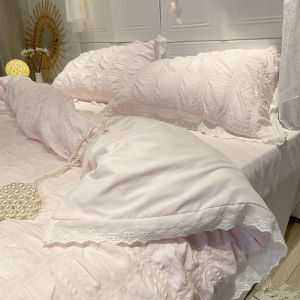 Xiaohongshu Young Adult Heart Cut Out Lace Seersucker Washed Four-Piece Pink Dudu Quilt Cover Bed Sheets Bed Three-Piece Set