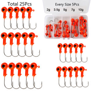 25pcs/Box Colored Jig Head Hooks 2g 3.5g 5g 7g 10g Sharp Barbed Fishhook with Round Head Rigging Trout Hook for Soft Worm Baits