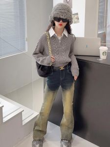 Sweet Cool Style Fake Two-Piece Sweater Jeans Casual Two-Piece Set for Girls Trendy Childrens Autumn Winter Fashion Kids Outfits