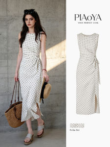 PIAOYA | Sleeveless Polka Dot Dress with Waistband Slit Stylish Summer Dress