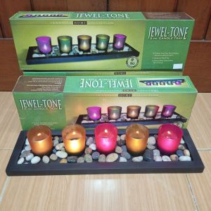 Lilin Gelas kaca Dekorasi Candle tray Holder set 5 (lilin+gelas kaca+Tray kayu+batu Sungai)