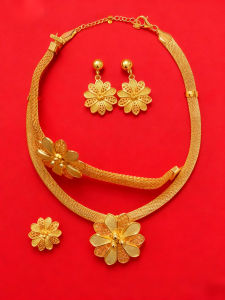 Fashionable Gold Plated Pearl Crystal Rhinestone Necklace Ring Bracelet Earring Set for Women Korean Style Wedding Jewelry