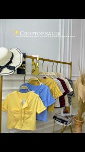 Syafiqa kaos motif garis stik balik kantong dua lengan pendek wanita/kaos crop/t-shirt korean style