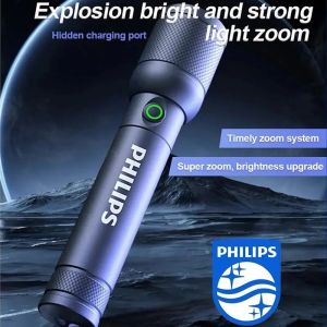 Philips | Philips 6168 Optical Zoom Flashlight Type-C Portable Flashlight With 4 Lighting Modes For Self Defense Camping Torch Light