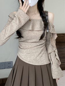 เสื้อยืดคอกลมแขนยาวทรงสลิมฟิตสำหรับผู้หญิง ทรงไม่สมมาตร ดีไซน์เก๋ไก๋ ดีเทลจีบ ผ้าฝ้ายผสมโพลีเอสเตอร์ ฤดูใบไม้ร่วง 2025