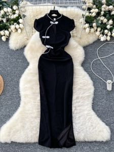 Retro Chinese Embroidered Stand Collar Slimming Design Sense Side Slit Midi Dress Womens Korean Style High Waist A-Line Skirt