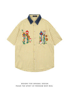 Loose Fit Short Sleeve Shirt MOISHE TIDE Embroidered Denim Patchwork Summer Youth Casual Fashion Single Button Closure