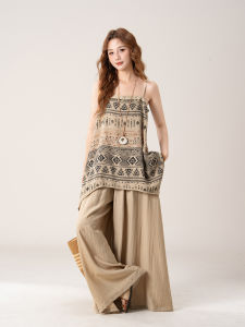 SHANGWEILUO | Bộ Đồ In Vintage Áo Camisole và Quần Ống Rộng cho Nữ