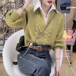 Fake Two-Piece Shirt Sweater Women 2023 Fall and Winter New Design Sense Niche Style Lapel Loose Outerwear Sweater Tops