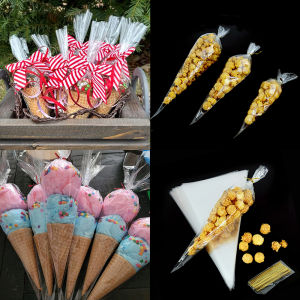 50/100pcs Cone Shaped Treat Bags 3 sizes Clear Cellophane Candy Bags with Twist Ties Triangle Plastic Bags for Popcorn Snacks