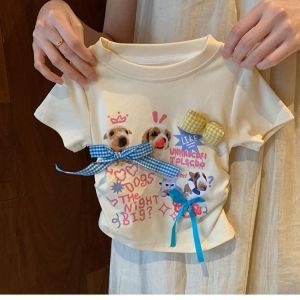 Fashionable Short Sleeve round Neck T-Shirt for Girls Childrens Summer Clothing Cartoon Print Casual Cotton Top for Kids