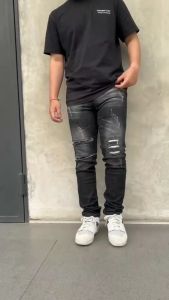 Celana Jeans Sobek Lutut Motif Wash Ripped Denim Stretch Premium Distro Pria Dewasa