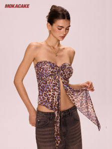 เสื้อครอปไม่มีแขนลายเสือดาว MOKACAKE2025 ทรงเข้ารูป ผ้าโพลีเอสเตอร์ผสมยางยืด สำหรับผู้หญิง ฤดูร้อน 2025