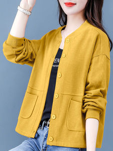 Spring Autumn Short Jacket Womens Loose Fashionable Slimming Mom Top Stylish Coat Casual round Neck Other Fabric Regular Length