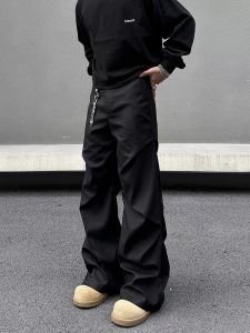 American Retro Black Workwear Pants Mens Loose Drapey Casual Pleated Cleanfit Versatile Straight Leg Casual Pants