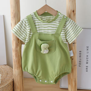 Adorable Infant Summer Short Sleeve Onesie Striped Triangle Full Moon Butt Covering Romper Cotton Fashion Set for Babies